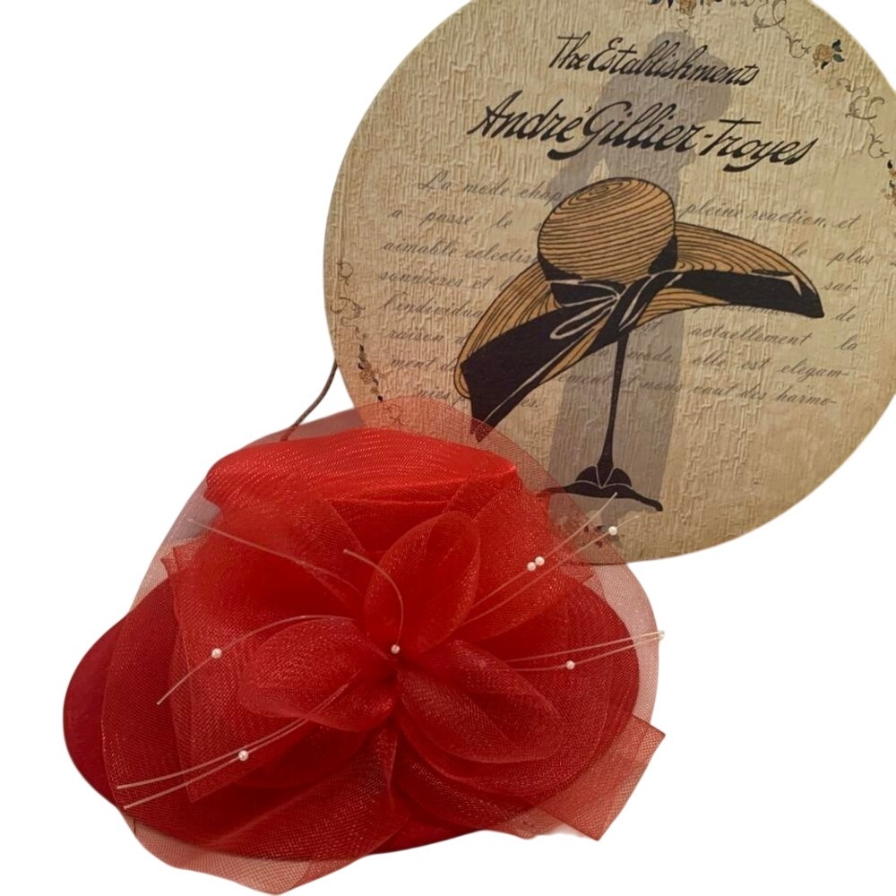 1960's vintage classic red fascinator hat with flower and pearl‎ details